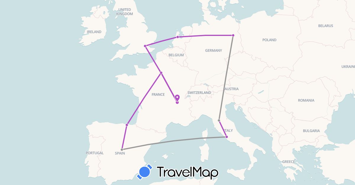 TravelMap itinerary: driving, plane, train in Germany, Spain, France, United Kingdom, Italy, Netherlands, Vatican City (Europe)